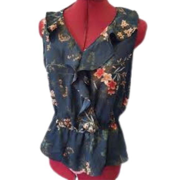 Banana Republic Floral Ruffle Blouse Green and Orange EUC Size Large - Picture 3 of 3